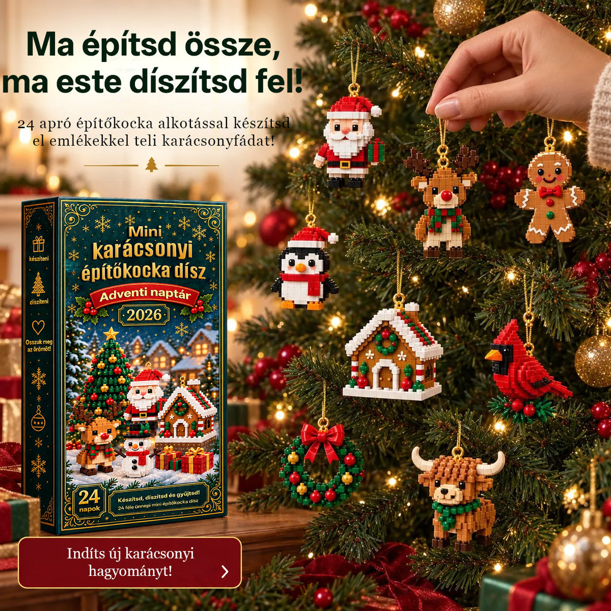 Billhol®24 részes mini adventi naptár karácsonyi díszekkel | 24 egyedi, ünnepi minta saját kezű összeállításhoz, akasztókkal együtt – tökéletes karácsonyfák, koszorúk és ünnepi dekorációk díszítésére 🧱