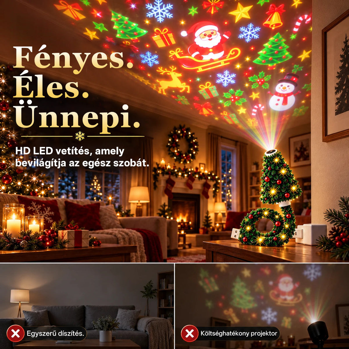 Billhol® USB-s karácsonyi projektorlámpa 🎄– 6 varázslatos ünnepi mintával🌟