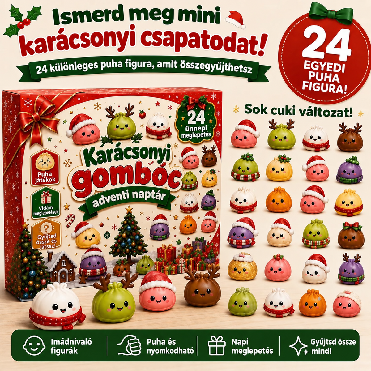 🌻KARÁCSONYI KÜLÖNLEGESSÉG | 24 napos mini Squishy adventi naptár – minden nap egy aranyos meglepetéssel🎄
