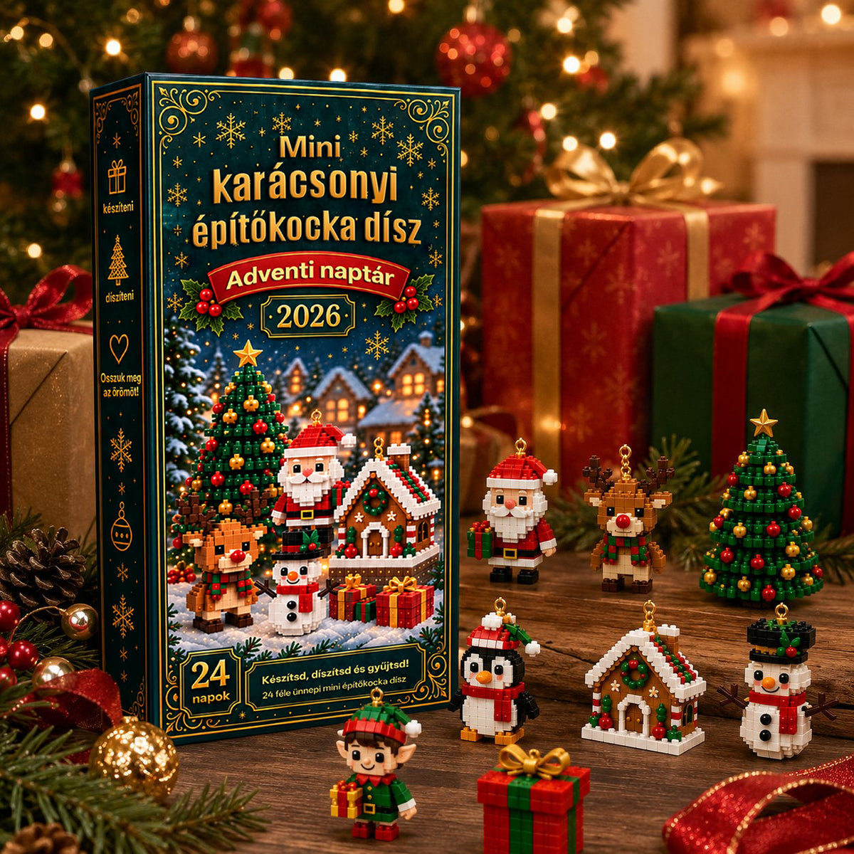 Billhol®24 részes mini adventi naptár karácsonyi díszekkel | 24 egyedi, ünnepi minta saját kezű összeállításhoz, akasztókkal együtt – tökéletes karácsonyfák, koszorúk és ünnepi dekorációk díszítésére 🧱