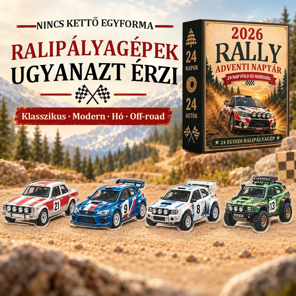 🏎️ Rali karácsonyi adventi naptár 2026 – 24 nap tele sebességgel és izgalommal, 24 gyűjthető raliautóval (2D modellek)