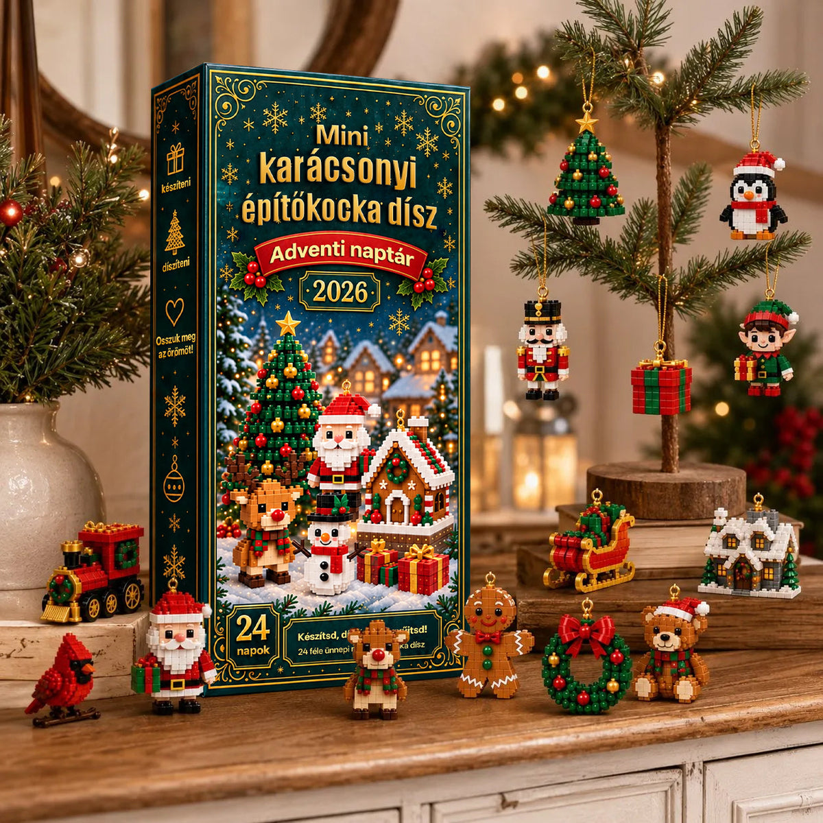 Billhol®24 részes mini adventi naptár karácsonyi díszekkel | 24 egyedi, ünnepi minta saját kezű összeállításhoz, akasztókkal együtt – tökéletes karácsonyfák, koszorúk és ünnepi dekorációk díszítésére 🧱